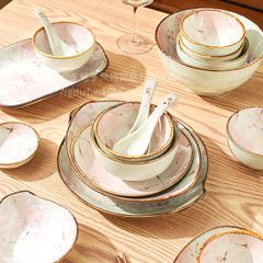 中国桜ボウル、皿、食器、ギフト、家庭用スープボウル、ライスボウル、お土産、スノーフレーク釉セラミックボウルとプレートの組み合わせ