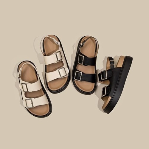 Ruo Ji 2024 Summer New Soft Leather Women's Thick Sole Buckle Retro Unique Versatile Casual Roman Shoes