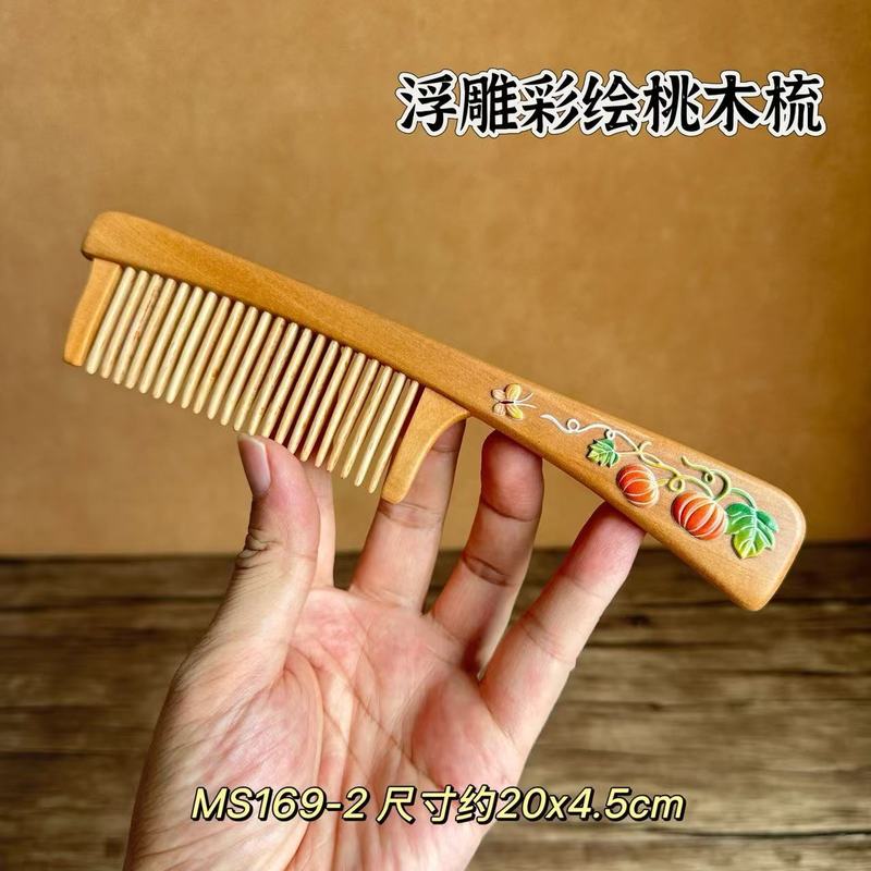 天然老桃木梳子浮雕漆艺非遗手工插齿古风美发梳女士伴手礼品批发|undefined