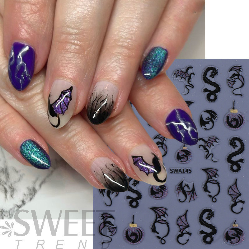 Cross-Border New Halloween Nail Art Stickers 3D Hot Stamping Silver Laser Animal Bat Flying Dragon Adhesive Nail Stickers Europe and the United States