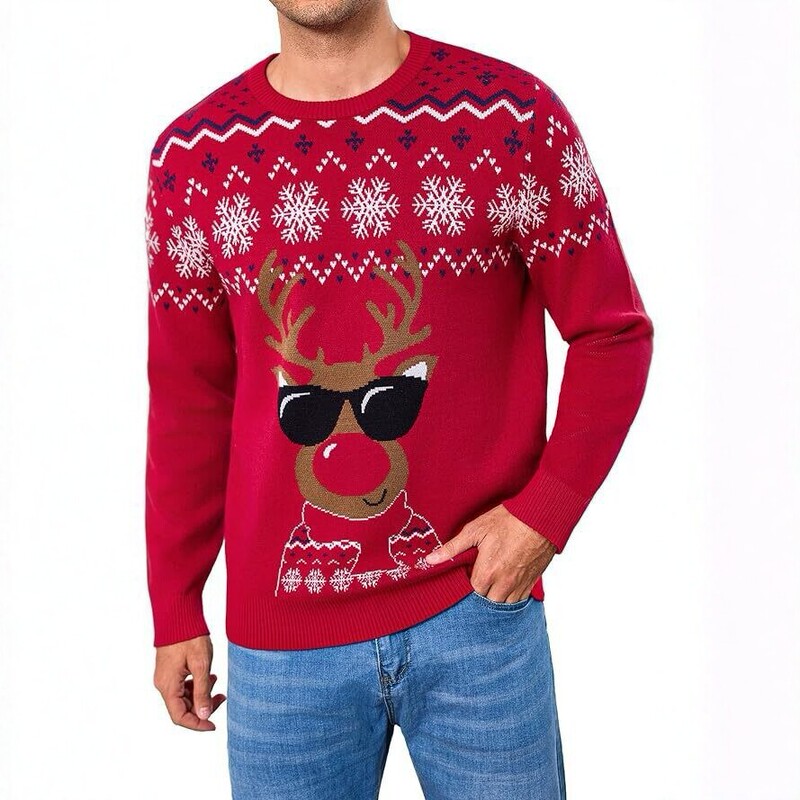 Men's Christmas Knit Sweater, Round Neck Reindeer Jacquard Sweater, European and American Style Casual Holiday Wear Men's Christmas Knit Sweater, Round Neck Reindeer Jacquard Sweater, European and American Style Casual Holiday Wear