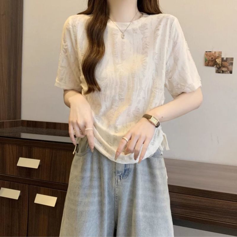 设计感破洞时尚抽绳短袖T恤女夏大码胖mm显瘦不规则收腰辣妹上衣|undefined