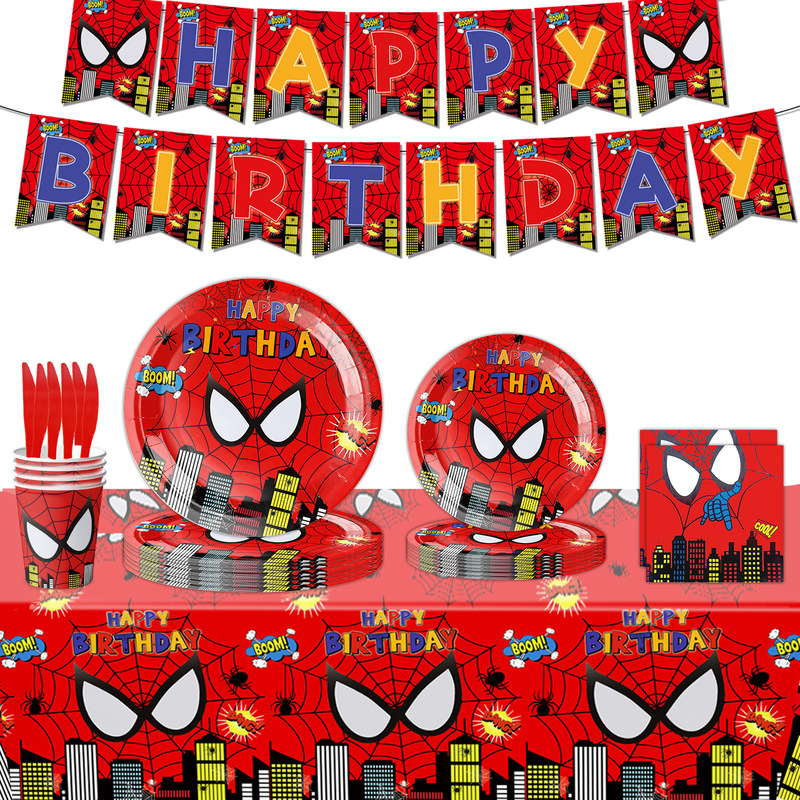 New Marvel Red Spider-Man Theme Birthday Party Decorative Paper Cup Tissue Paper Tray Tablecloth La Flag Decorative Supplies