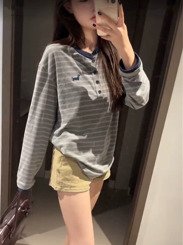 韩系复古学院风条纹撞色新款纽扣长袖t恤衫女秋2025新款百搭上衣|undefined