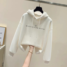 春秋冬新款2025加绒加厚套头连帽印花女装卫衣宽松韩版上衣外套服