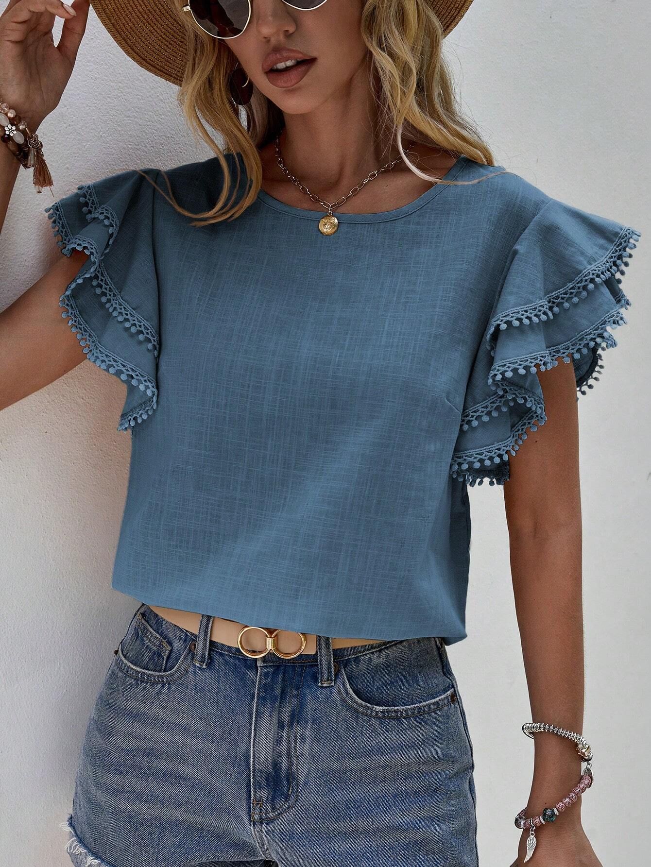 238g Weight Short Sleeve Sleeve Length Pullovers Placket Type Flounce Sleeve Sleeve Type Polyester Fabric Type Regular Top Length T-shirt Tops Type Holiday, Daily Occasion Round Neck Neckline Loose Fit Type Solid Color Pattern Summer Season Women's Gender Button Design Casual, Elegant Style Wholesale Women's Casual Elegant Solid Color Short Sleeve Button Blouses 2