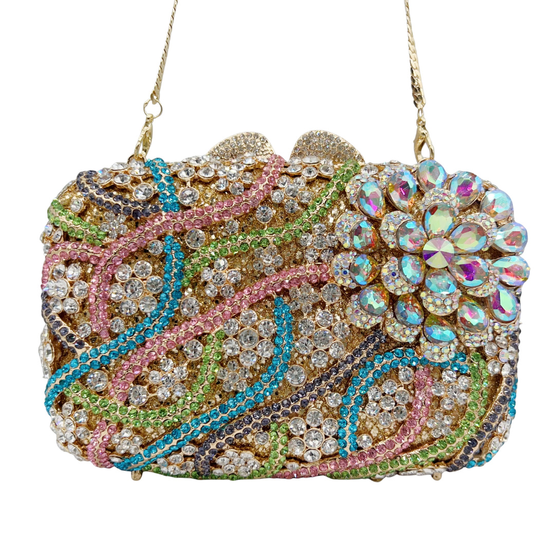 Túi clutch nữ đính kim cương cắt kim loại dự tiệc — màu vàng, hồng chi tiết 2