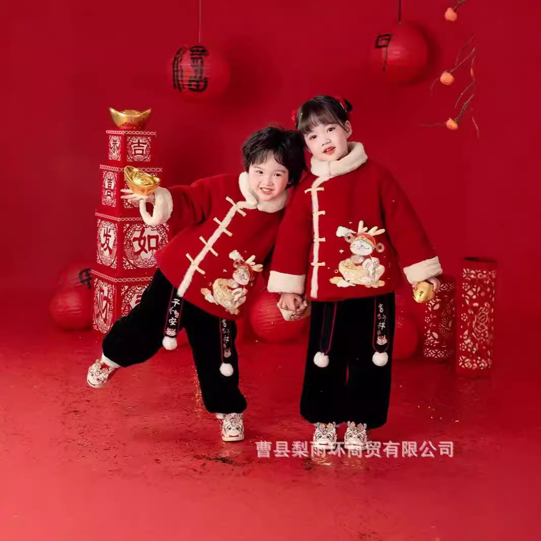 儿童红色喜庆姐妹新年过年唐装年服儿童拜年服冬装宝宝加厚毛衣