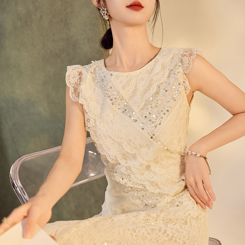 National Style Summer New Lace Beaded Fashion Dress New Chinese Style Women's Clothing Flutter Sleeve Round Neck Long Dress N5005 National Style Summer New Lace Beaded Fashion Dress New Chinese Style Women's Clothing Flutter Sleeve Round Neck Long Dress N5005