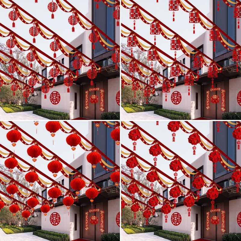 Decoración de bodas en el patio rural tira de flores al aire libre escena de boda cinta de color linterna escena de diseño de suministros de boda