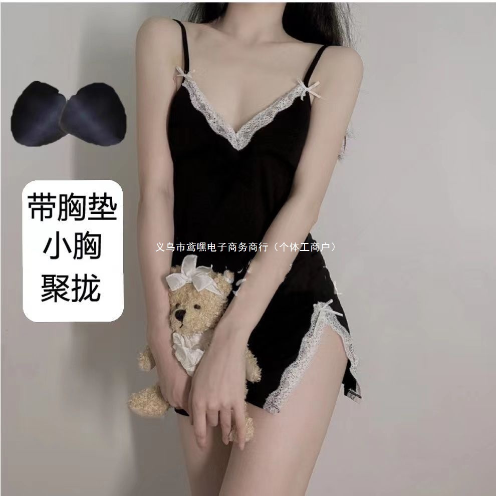 Purely Sensual Style Sexy Nightgown for Women in Summer with Chest Pads, Camisole Nightdress, V-Neck, Ins-Style, High-Appearance Lace Lingerie, Sweet and Alluring