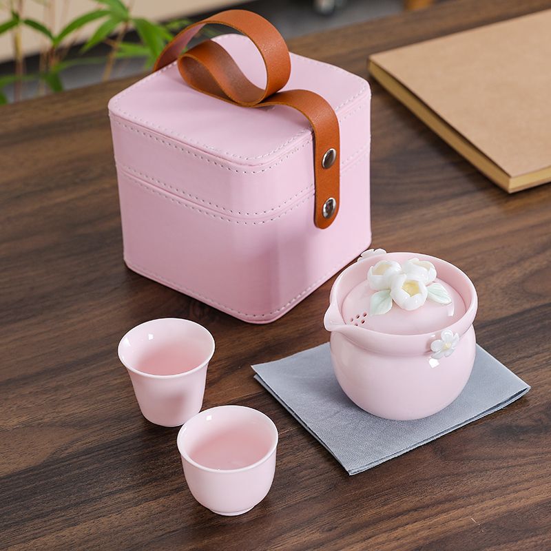 Portable Flower Pinch Travel Tea Set Small Set Accompanying Gift Women's Pink Express Cup One Person Two Cups Gift Gift
