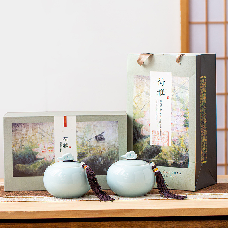Xiangyun Ceramic Celadon Sealed Tea Canister Packaging for Biluochun and Longjing, Approximately Half a Pound, Empty Gift Box, Customizable for Wholesale