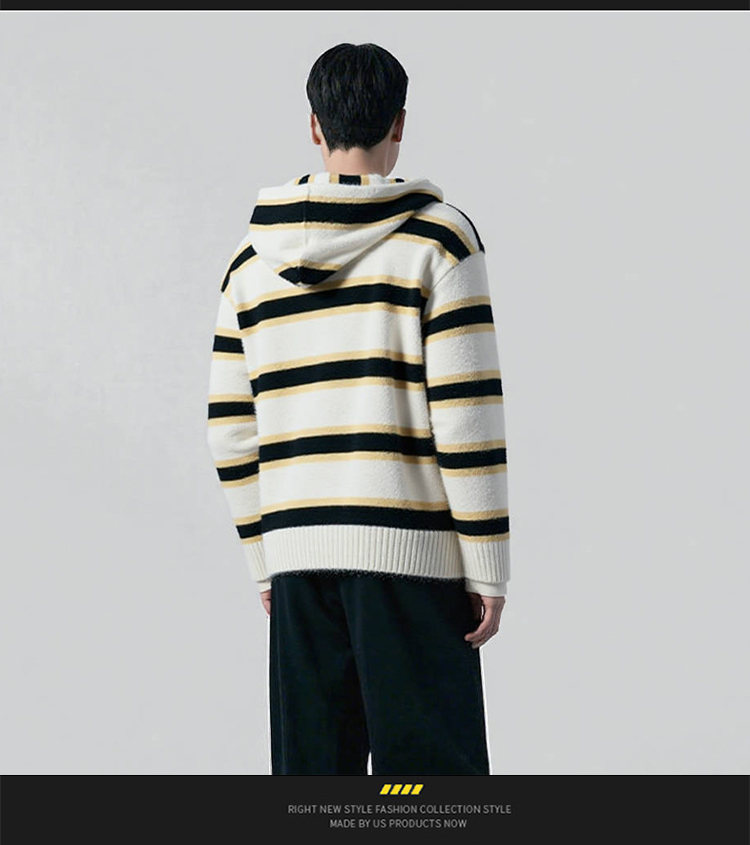 Men's Striped Hooded Sweater – Oversized Knit Pullover (Thickened Fleece Lining, Drop Shoulder, Ribbed Hem, Machine Washable, Streetwear Essential)​_voghion.com