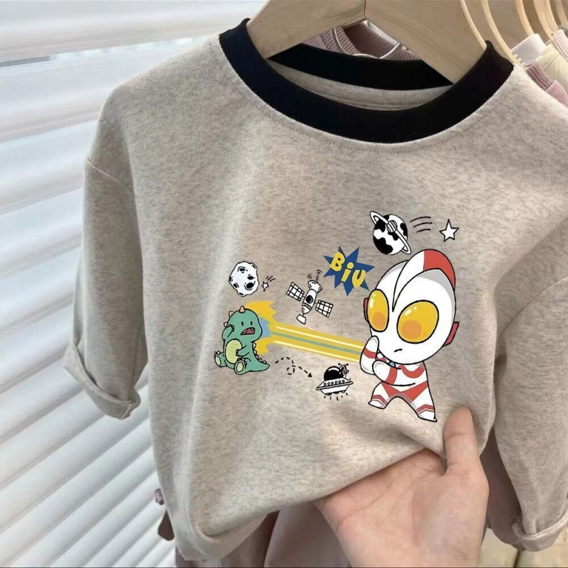 Boys' Spring and Autumn Pure Cotton Long-Sleeved T-Shirt Ultraman Printed Kidsren's T-Shirt Baby Casual Style Fashionable Kidsren's Hot Style