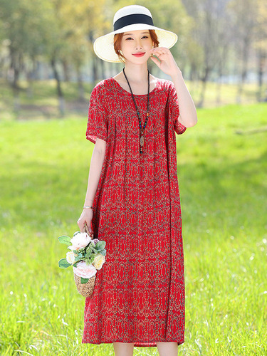 New Elegant Cotton Silk Dress for Summer Women, Floral Pattern, Fashionable Mother's Dress for Middle-Aged and Elderly Women