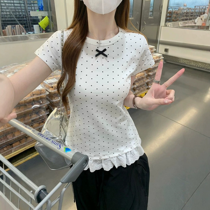 American-Style Spicy Girl Polka Dot Lace Short-Sleeve T-Shirt for Women, Summer Slim-Fit Design, Niche Style, Flattering and Versatile Top