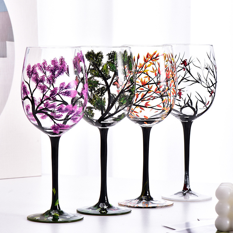 Tazas de vino pintadas a mano de cuatro estaciones de tazas de árboles de alto pie caseras de vinos creativos conjuntos no yx