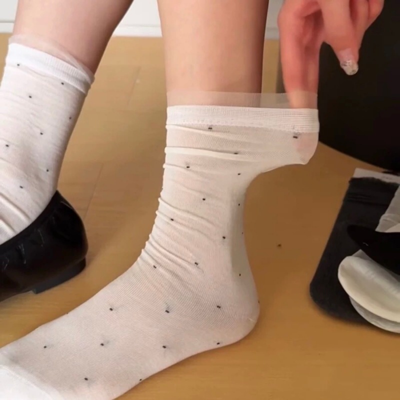 Cool and Elegant Style Miu-Style Small Polka Dot Lace Socks for Women, Mid-Calf, Spring and Summer Thin Pure Cotton Ballet-Style Slouch Socks Cool and Elegant Style Miu-Style Small Polka Dot Lace Socks for Women, Mid-Calf, Spring and Summer Thin Pure Cotton Ballet-Style Slouch Socks