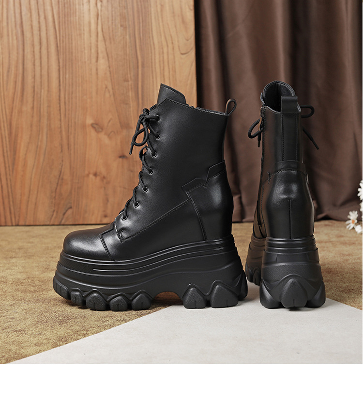 Boot nữ da thật đế dày tăng chiều cao 12 cm dây buộc cổ thấp — Đen lót nhung chi tiết 19