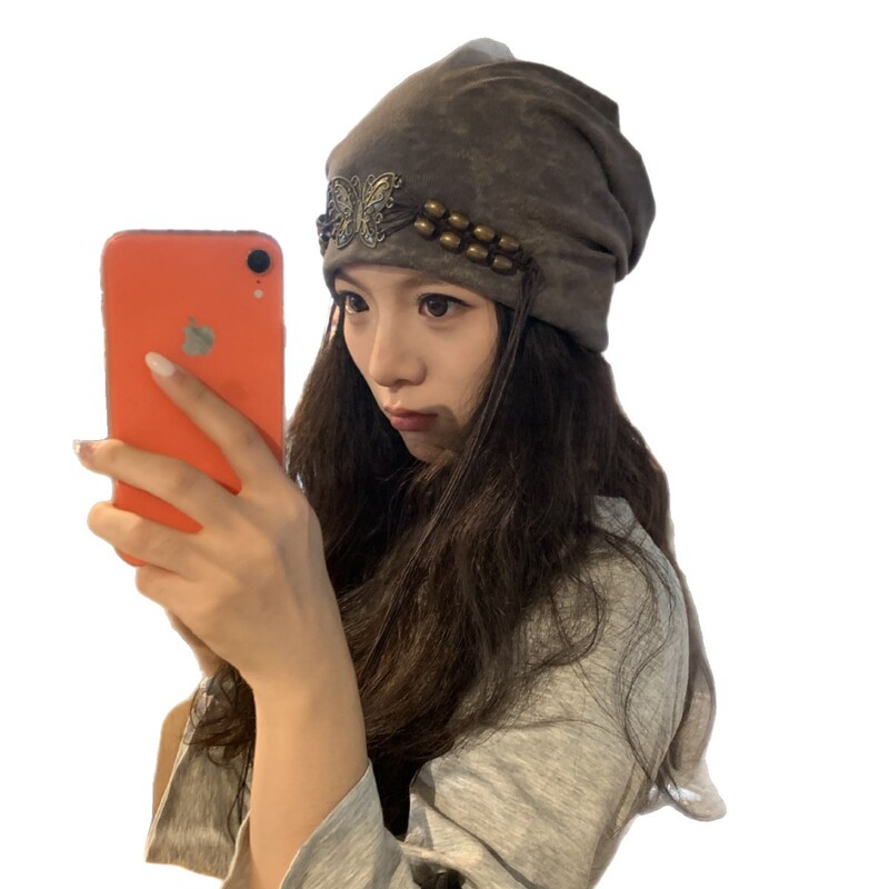 小众设计扎染流苏串珠冷帽女秋季复古高级感慵懒风堆堆帽针织帽子|undefined