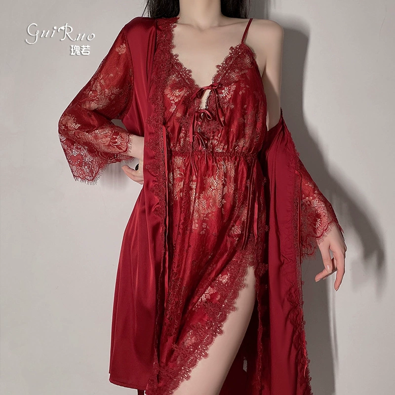 瑰若 Sexy pijama, юбка, халат, комплект, V-образный вырез, утягивающий эффект, плюс размер