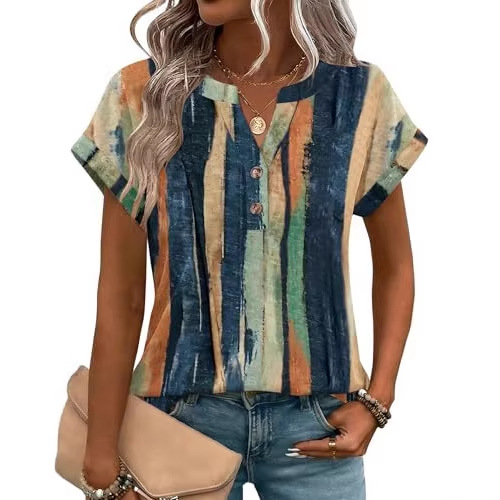 2026 Cross-Border Foreign Trade Independent Site Summer New Heart-Shaped Flower Print Versatile V-Neck_ecoleips.com
