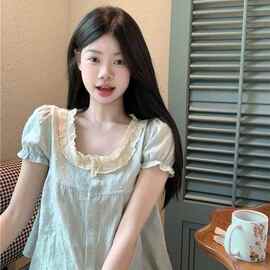 韩版甜美蕾丝花边娃娃领短袖宽松泡泡袖衬衫2026夏季百搭上衣女夏