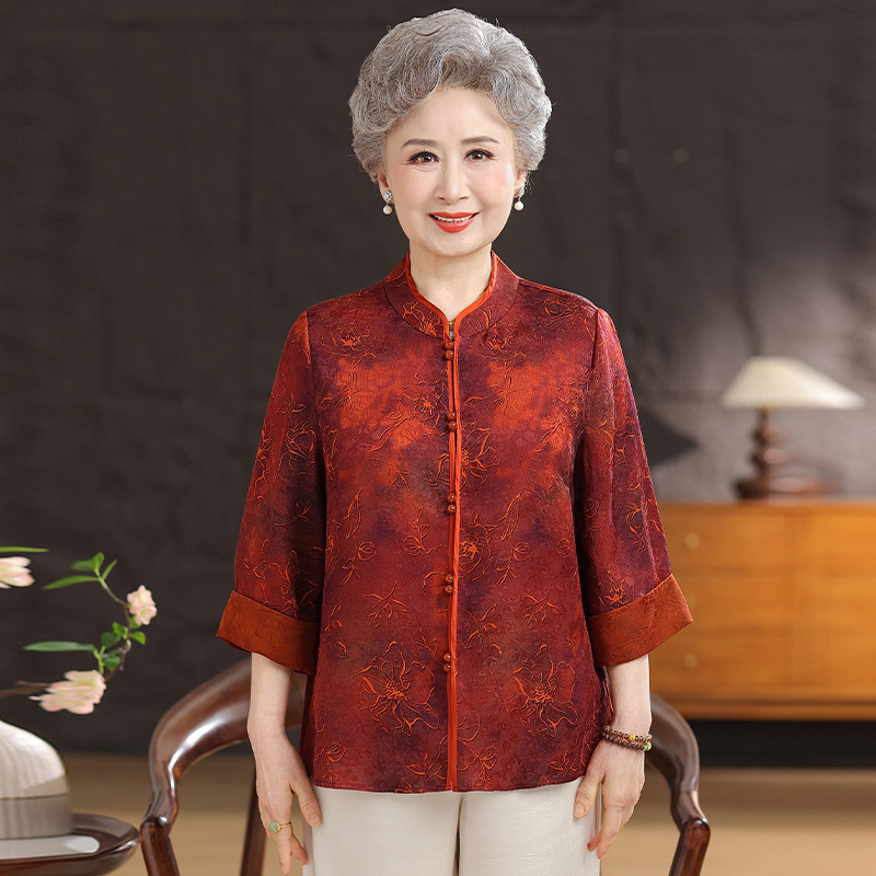 Grandma's Summer Silk Top for 60-70 Year Old Middle-Aged and Elderly Women, High-End Silk Mother's Clothing, Chinese-Style Tang Suit Shirt