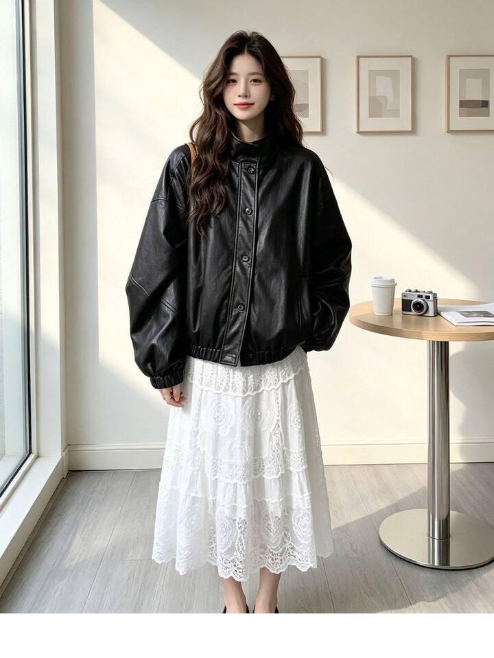 Áo khoác da PU cổ đứng dáng rộng phong cách retro, kiểu biker, dài tay, có lót — Màu đen [Chất lượng cao, có lót vải] chi tiết 9