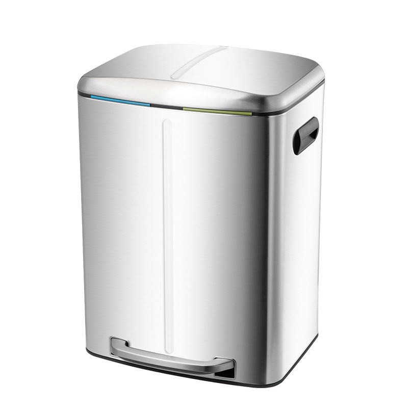 Tret-Mülleimer – Abfalleimer aus Edelstahl mit zwei Fächern, Bedienung per Fußpedal, robust für Büro/Küche (24 l/40 l, Einzeldeckel mit Doppelsortierung)_voghion.com