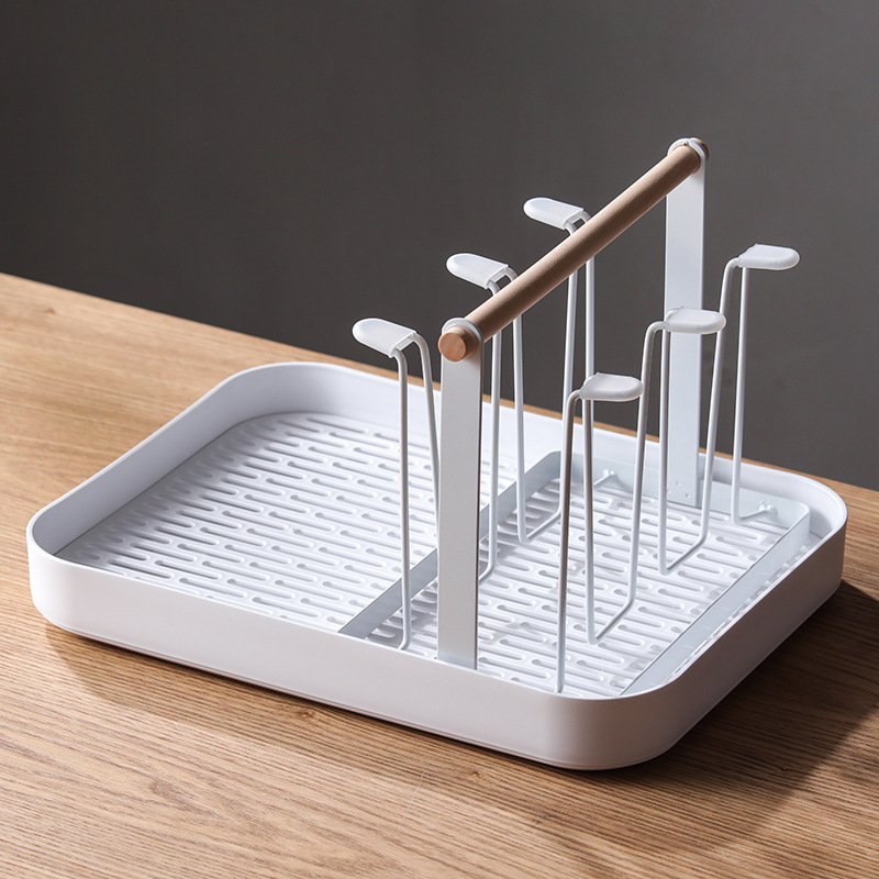 Blanco - Porta tazas de madera + bandeja blanca de doble capa