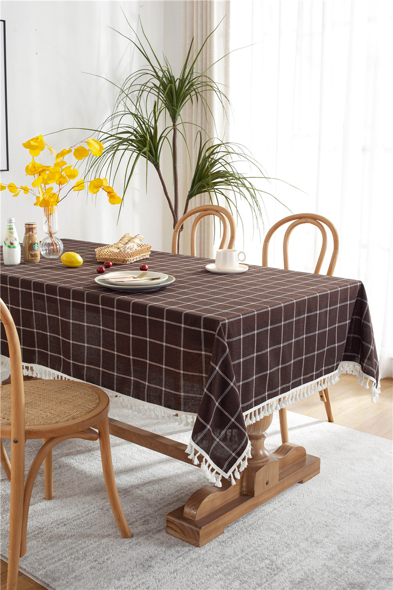 Cafe Double-line Plaid Cotton-polyester-linen Tassel Geometric Rectangular Dining And Coffee Table Tablecloth, Available_voghion.com