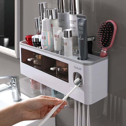 Wall-mounted toothbrush holder wash set household magnetic multi-purpose single drawer storage rack with toothpaste squeezer