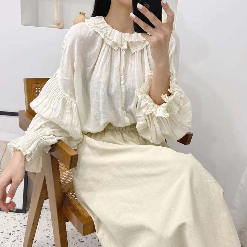 Puff Sleeve Shirt New Style Women's Temperament Linen Long Sleeve Cuff Neckline Lace Women's Shirt