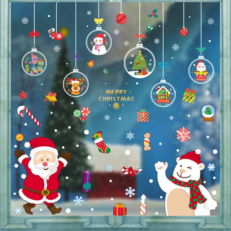 カラークリスマス吊りボール窓貼り2025新年おめでとうクリスマス装飾ガラス静電貼り雪屋雪花シール|undefined