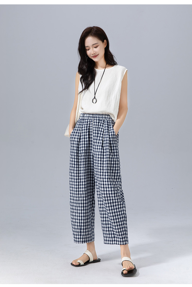 Quần culottes nữ ống rộng cạp cao kẻ sọc linen phong cách Hàn Quốc mùa hè — Caro xanh lam chi tiết 25