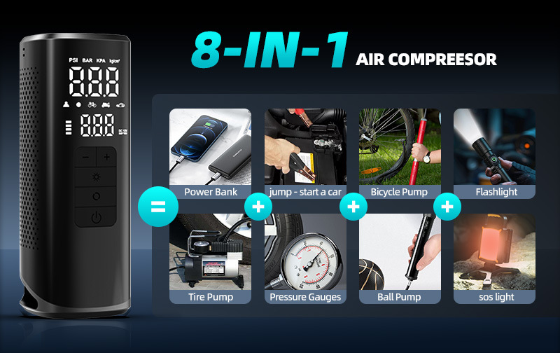 Cross-border wireless smart car air pump with power bank, large-capacity multifunctional inflator with automatic stop