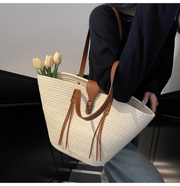 1125g Weight Weave Fashion Element Lock clasp Closure Type Double Shoulder Straps Strap Type Straw Bag Bags Type Casual Occasion cotton rope Material Solid Color Pattern Spring&Summer Season Women's Gender Beach Style Bucket Shape Large Size Women's Large Cotton Rope Solid Color Beach Weave Bucket Lock Clasp Straw Bag 10