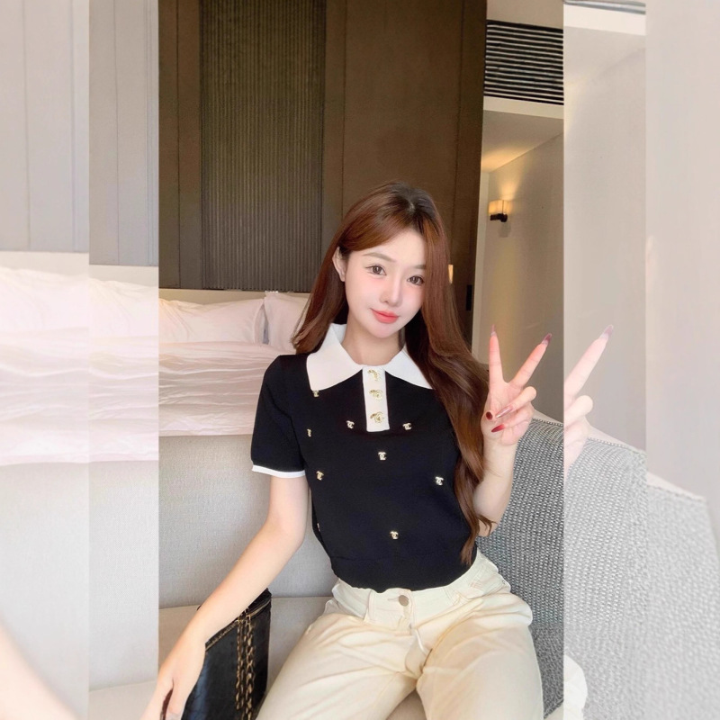 Ice Silk Knitwear T-Shirt Short-Sleeved Contrasting Color Short Style 2025 New Style Unique and Beautiful Top with Good Elegant