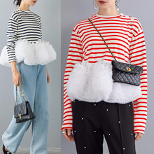 日系乐天2025秋上新个性黑白条纹褶皱网纱裙摆长袖T恤衫跨境外贸