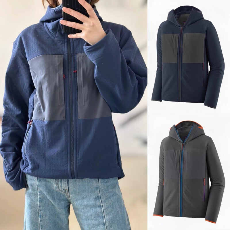 R2 series new outdoor lightweight long sleeve contrast color middle layer coat fashion checkered hooded top for couples