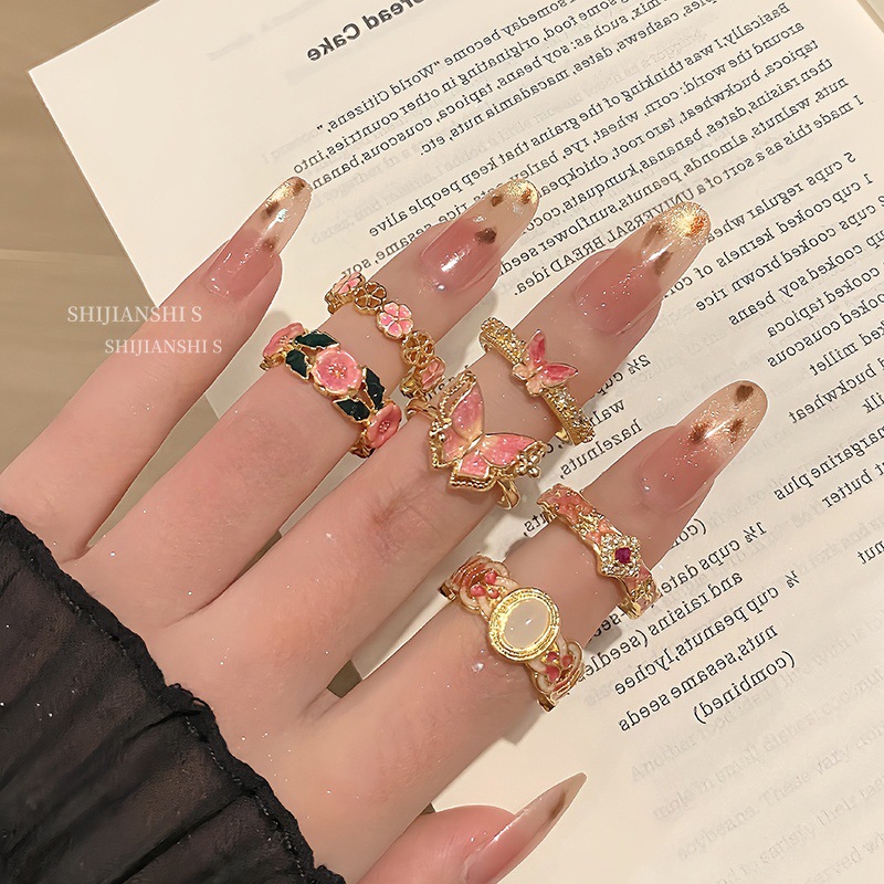 "Pink Sakura Fragrance" Light Chinese Style Camellia Sakura Open Ring Exquisite Niche Traditional Butterfly Pattern Index Finger Ring