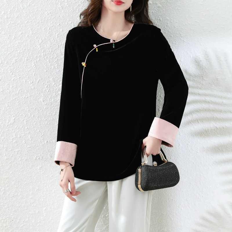 Прямые продажи с фабрики Новый китайский стиль весны 2025 новый дизайн большого размера бархатный топ модный национальный стиль