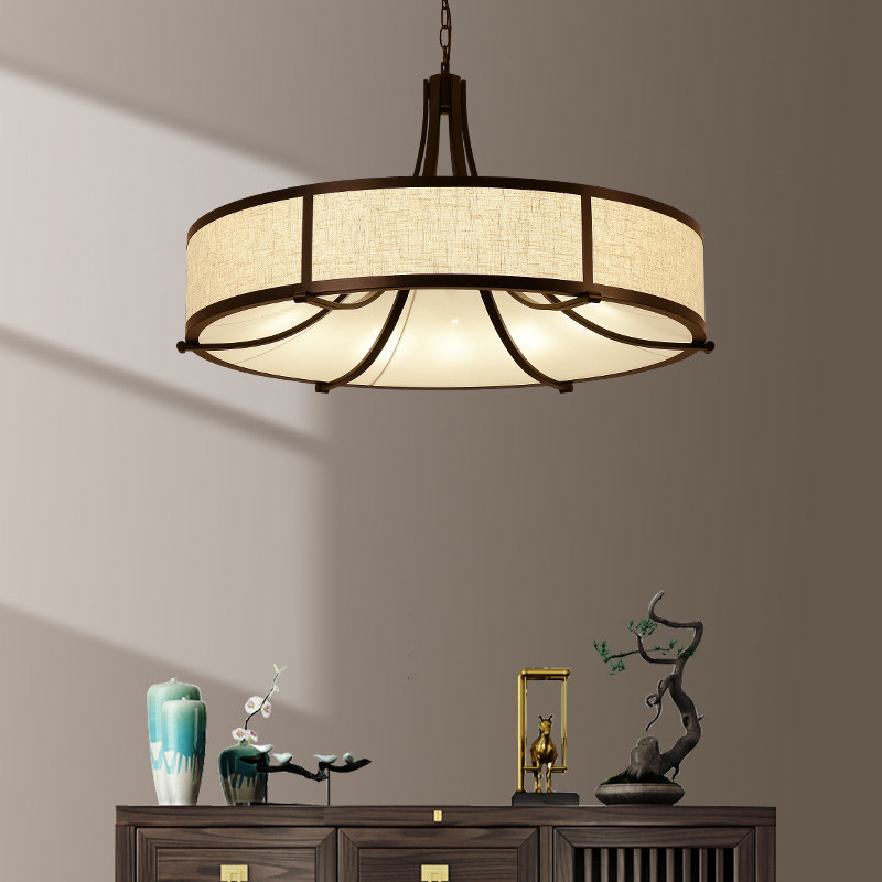 New Chinese-Style Chandelier in Black and Gold Tones, Fabric Retro Lamp, Dual-Purpose for Hanging and Suction, Suitable for Large Spaces