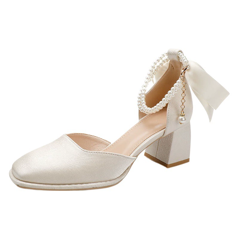 Сандалии Baotou, новинка 2025, летние красные свадебные туфли на высоком каблуке с квадратным носком и толстым каблуком, туфли на среднем каблуке с жемчугом