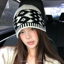 韩版费南岛风格纹针织毛线帽女秋冬保暖加大冷帽显脸小提花套头帽