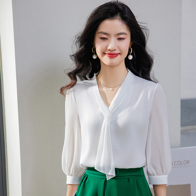 쉬폰 셔츠 여성용 반팔 2023 새로운 여름 얇은 리본 탑 세련된 고급 비즈니스웨어 셔츠