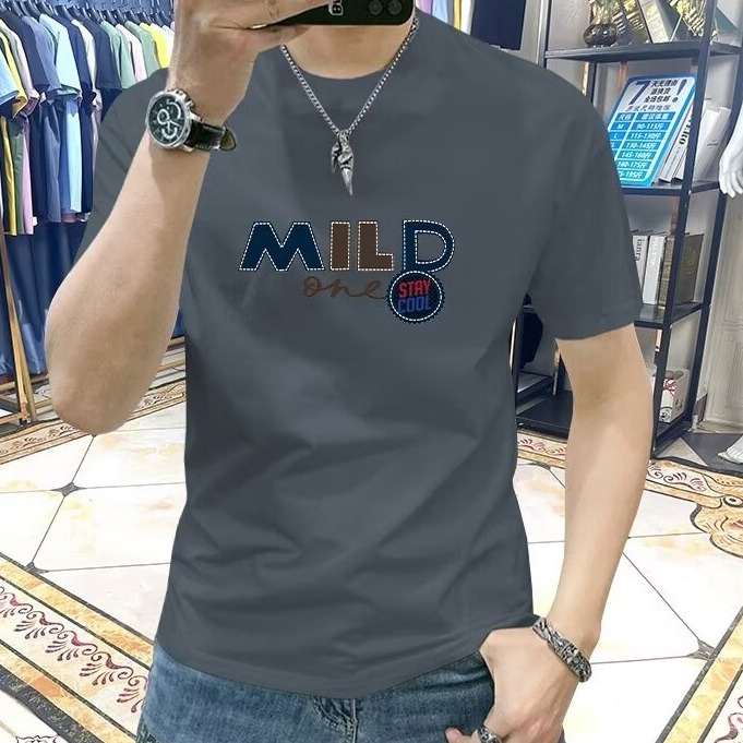 T-shirt col rond pour hommes, polyvalent, décontracté, demi-autocollant, lettre brodée, tendance, manches courtes, mode hiver 2023_voghion.com