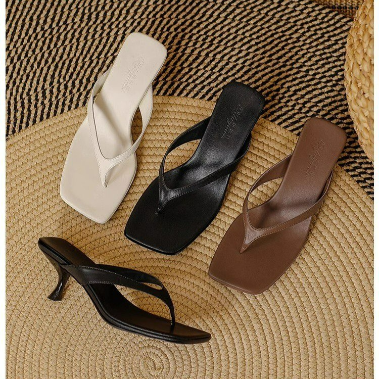 Summer 2025 New French Style Square Toe Kitten Heel Clip Sandals plus size High Heel Flip-Flops for Women Fashion Outer Wear